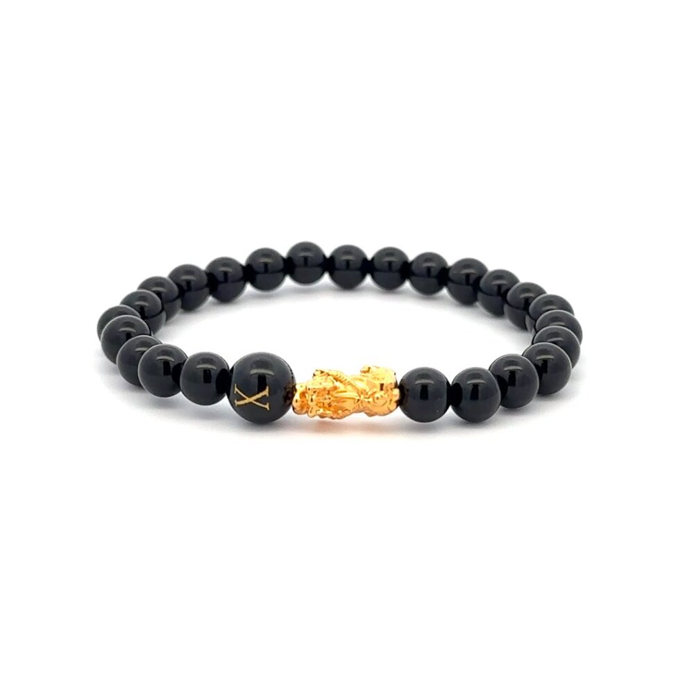 18K Gold Pixiu Piyao Bracelet Gemstones Onyx 6mm Elastic Bracelet Letter X